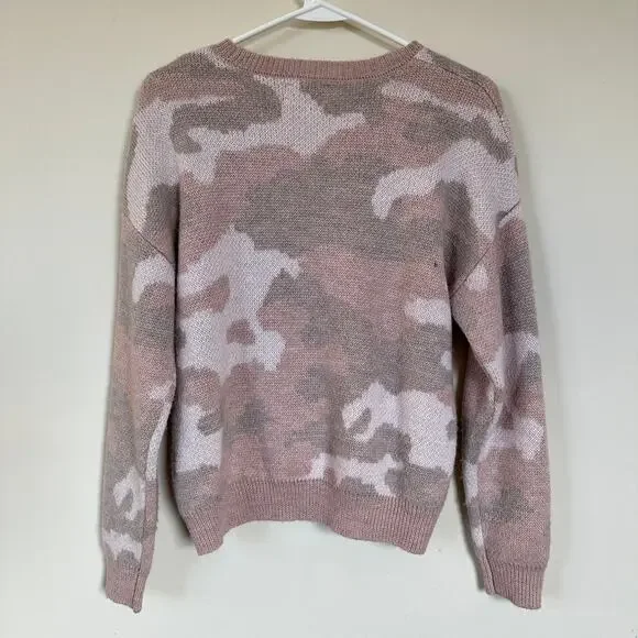 LUCKY BRAND Camo Wool Blend Pullover Sweater Crew Neck Size SMALL Light Pink - Picture 6 of 11